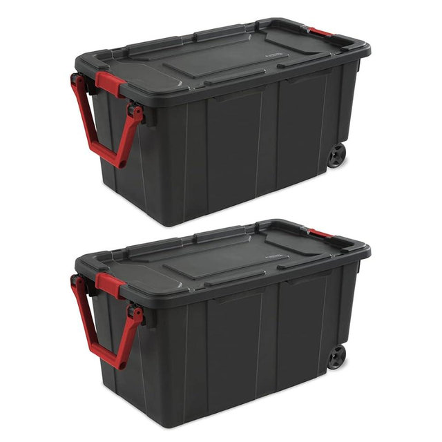 Emny Modern Plastic & Metal 40 Gallon Lidded Home Storage Bins, Stackable Industrial Storage Containers Tote, Organizing Tote Tub Box with Wheeled, Moving Boxes, Set of 2, Black