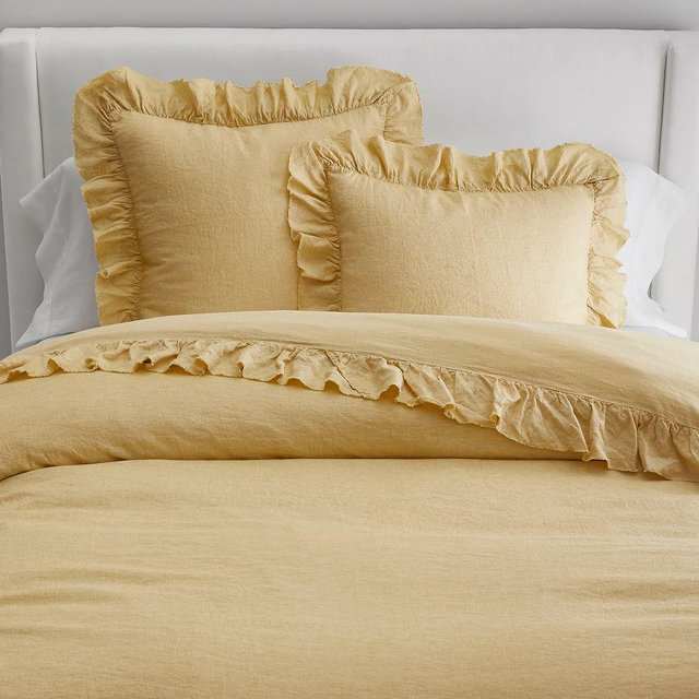 Belgian Flax Linen Fringe Ruffle Duvet, Daffodil, Full/Queen