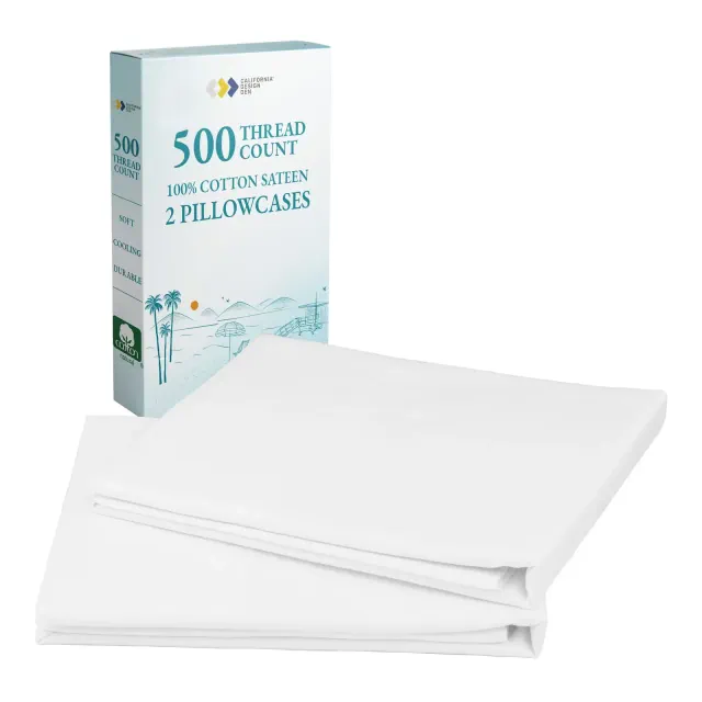 Luxury 500 Thread Count Pillowcase Set - 100% Cotton Sateen, Cool & Breathable by California Design Den - Bright White, King