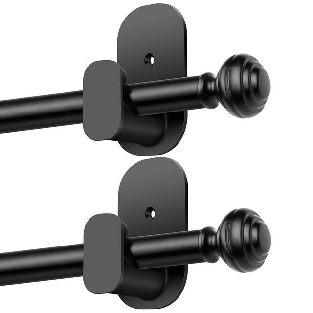 KAMANINA No Drill Curtain Rods for Windows 32 to 58 Inches, 5/8 Inch Renter Friendly Curain Rod 2 Pack Adjustable Drapery Rod with 3M Adhesive Brackets, Black