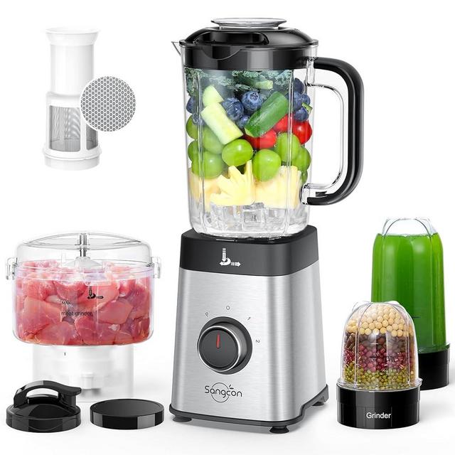 Sangcon Blenders and Food Processor Combo for Kitchen, 5 in 1 Blender for Shakes and Smoothies, Meat Chopped, Grinding & more, 40 oz Jar & 17oz Cup with To-Go Lid, Stainless Steel Silver