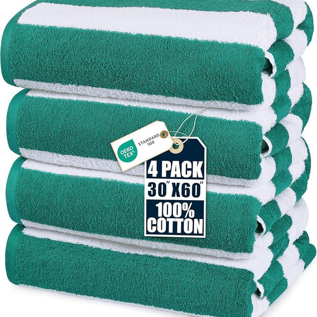 Utopia Towels Pack of 4 Cabana Beach Towels, Oversized 30 x 60 Inches Cotton Beach Towel Set, Smooth Ring Spun Texture for Pool and Swim Days, Modern Striped Design Bath Towels Green
