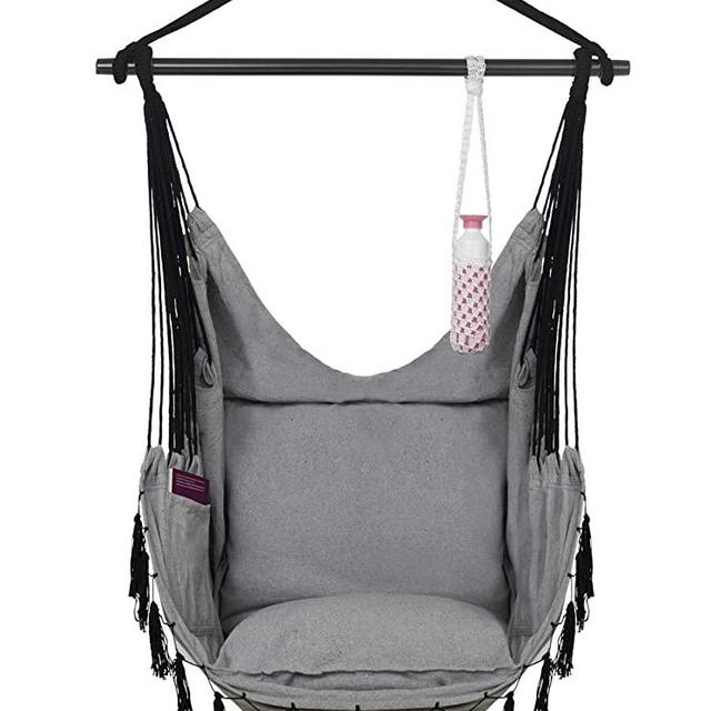 VITA5 Hanging Chair 2 Cushions, Drinks & Book Holder, 500 lbs Weight Capacity – Hammock Chair for Bedrooms – Swing Chair for Indoor & Outdoor (Warm Grey)