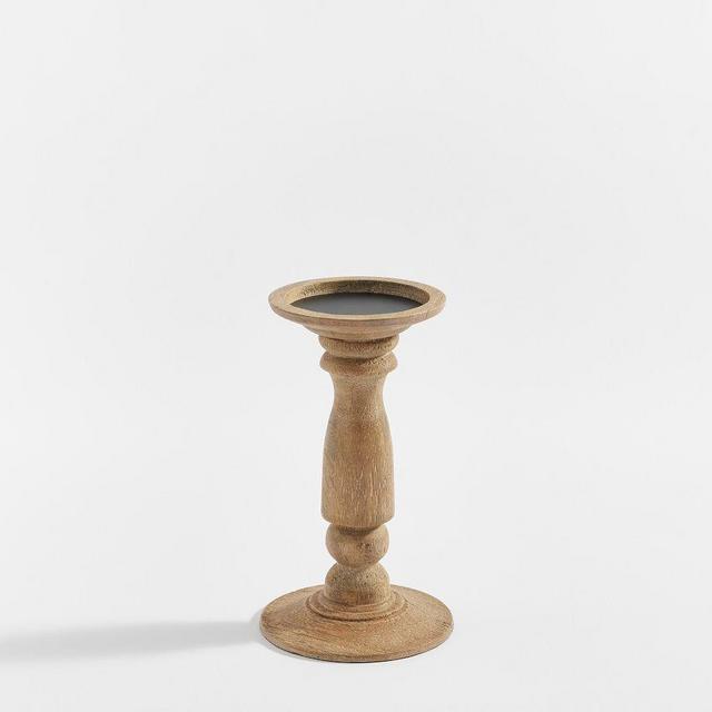 Kadence Turned Wood Pillar Candleholder, Small - Light Brown