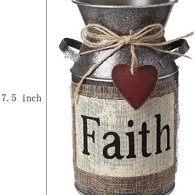 HIDERLYS 7.5" High Rustic Decorative Vase with Greetings and Rope Design, Metal Milk Can Country Jug for Living Room, Bedroom, Kitchen(Faith)