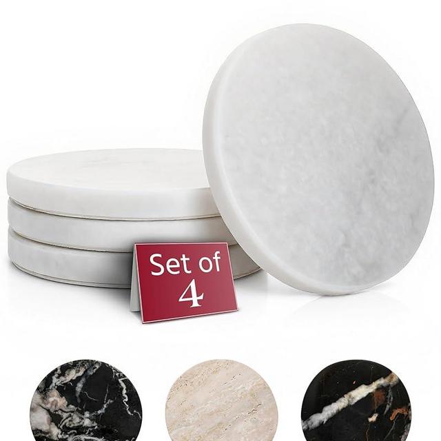 Gusto Nostro White Marble Coasters Set of 4 - Luxury Natural Stone Coasters for Drinks - Genuine Marble Kitchen Accessories, Round Artisanal Stone Coaster for Kitchen Counter, Coffee Table, Home Decor
