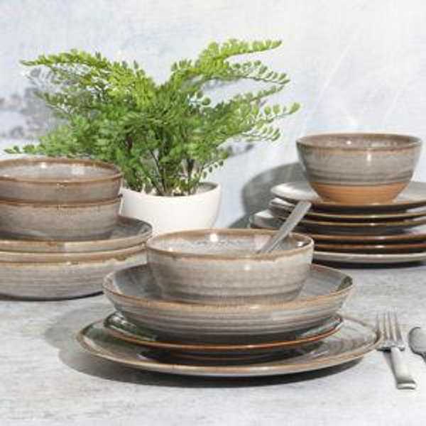 Gibson Elite Dreamweaver (Gray) Double Bowl Terracotta Reactive Dinnerware Set - Grey, Service for 4 (16pcs)