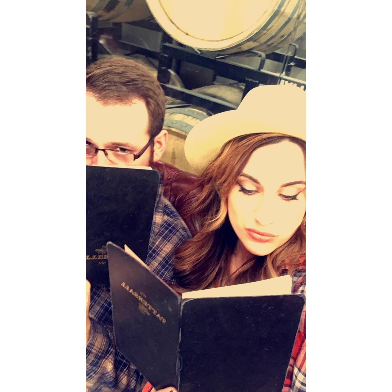 This picture is hilarious with Hunt's mischevious eyes and upside-down menu. 
Highly recommend this place to visit while visiting Minneapolis:
Tattersall Distilling https://tattersalldistilling.com/