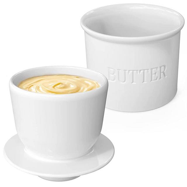 French Butter Crock for Counter, Vidalenta Ceramic Butter Dish With Lid, 7.5 OZ Porcelain Butter Keeper Crock with Water, Butter Holder Container for Kitchen, Dishwasher Safe Housewarming Gift, White