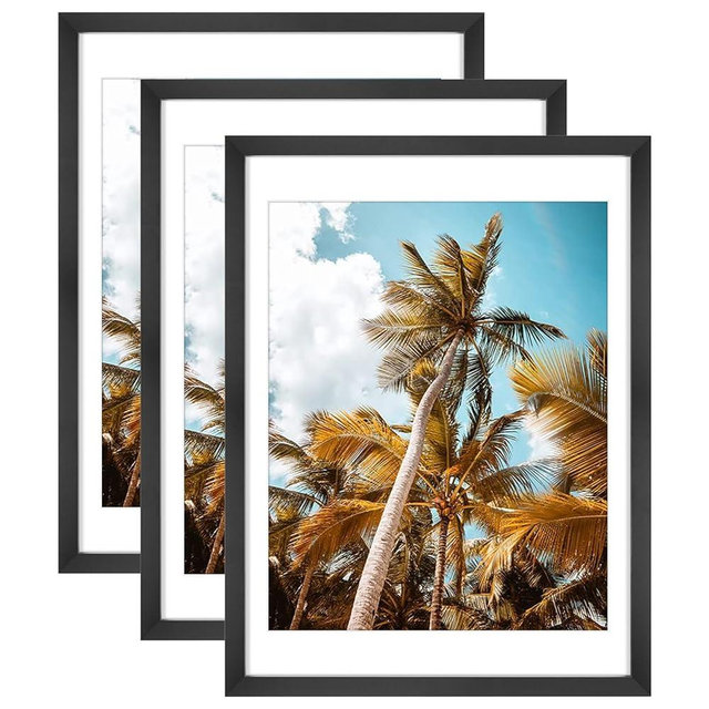 Frametory, 18x24 Picture Frame with Mat for 16x20 Picture - High Definition Glass Wide Molding - Preinstalled Wall Mounting Hardware (Black, 3 Pack)