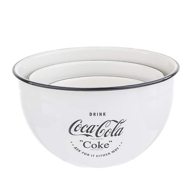 TableCraft's Coca-Cola Enamel Mixing Bowls, S: 7'' dia, M: 8.5'' dia, L: 1.25'' dia, White