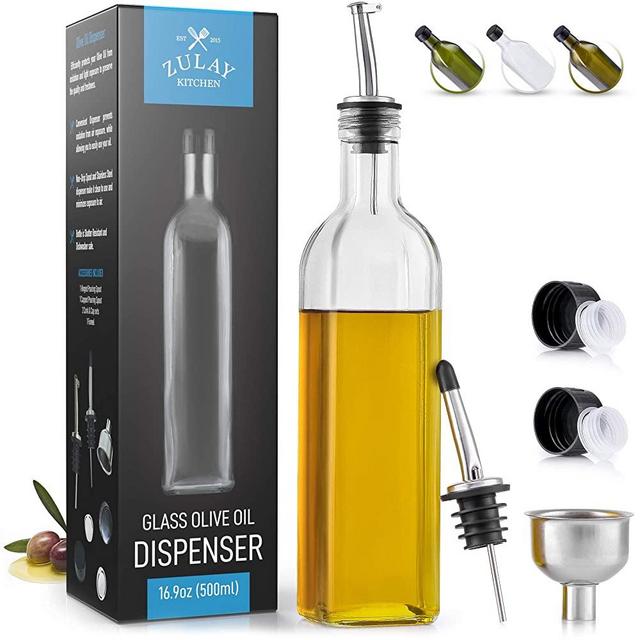 Zulay (17oz) Olive Oil Dispenser Bottle For Kitchen - Glass Olive Oil Bottle With 2 Spouts, 2 Removable Corks, 2 Caps, 1 Funnel - Oil Bottle For Kitchen & Storing Liquids (Clear Bottle)