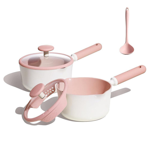 CAROTE 2.5QT & 3.0QT Sauce Pan Sets with Lid & Ladle Ceramic Nonstick Pot Set Non Toxic Saucepan with Stay-cool Handle Small Kitchen Cooking Pots, Easy to Clean, Induction Comptable, PFOA FREE