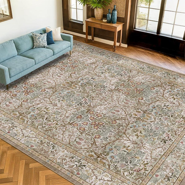 Hazo Haus Vintage Moss Green Living Room Rug, 8x10 Washable Area Rugs for Bedroom, Dining Room Rugs Under Kitchen Table, Oriental Taupe Low Pile Stain Resistant Non-Slip Large Rug
