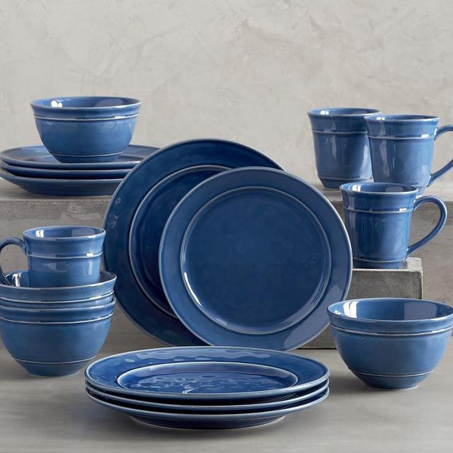 Cambria Stoneware 16-Piece Dinnerware Set, 10 3/4" Dinner Plate with Cereal Bowl - Ocean Blue