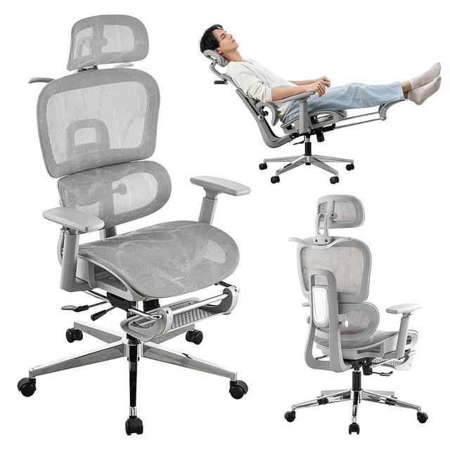 Mesh Ergonomic Office Chair with Footrest,High Back Computer Gaming Chair with Lumbar Support,Back Support,Adjustable Armrests for Big and Tall Napping Work(Grey)