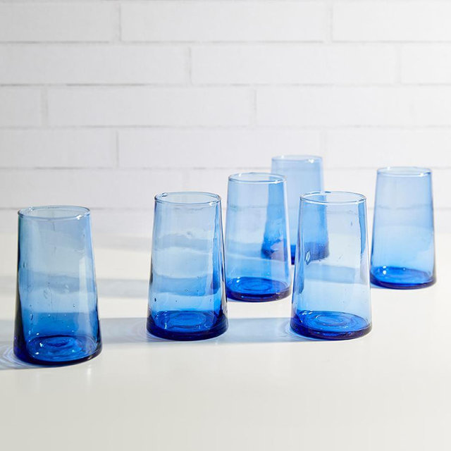 Moroccan Handcrafted Recycled Drinking Glasses, 12 Oz, Set of 6, Blue