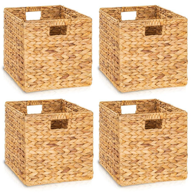 TREVIETDECOR 11x11in Pack of 4 Cube Storage Baskets, Water Hyacinth Multipurpose Collapsible Organizers, Handwoven Laundry Totes for Laundry, Living Room, Kids Room & Nursery - Natural
