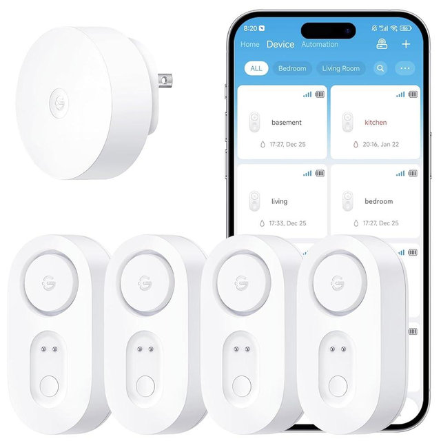 GoveeLife Upgraded Smart Water Leak Detector 1s with 1804ft Ultra-Long Range, WiFi Water Sensor with SMS/Email/APP Push and Sound Alarm, 5-Year Battery Life, Suit for Home, Basement, Kitchen, 4 Pack