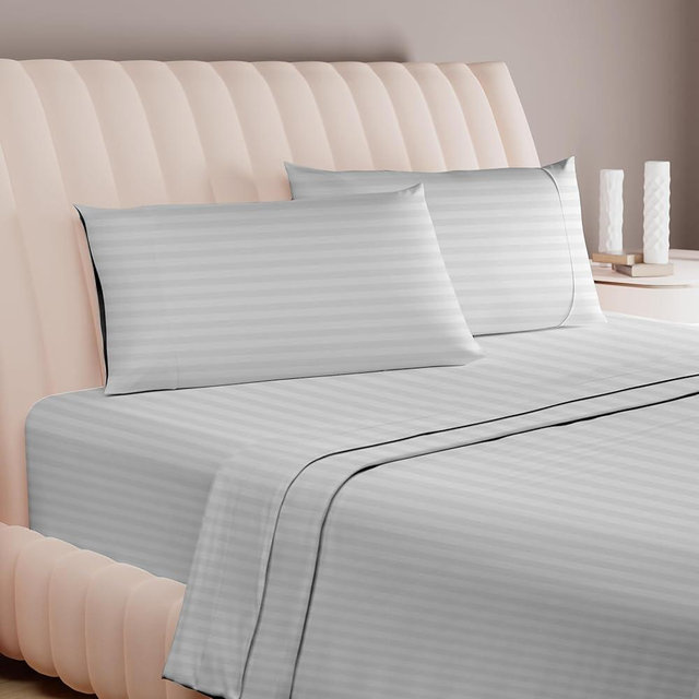 Carressa Linen Luxury Egyptian Cotton Queen Stripe Sheet Set, 600 Thread Count Extra Long Staple 4 PC Set, Queen Damask Sheets, Soft, Cooling Sateen Weave Sheets Upto 18" Deep Pocket - Dark Grey