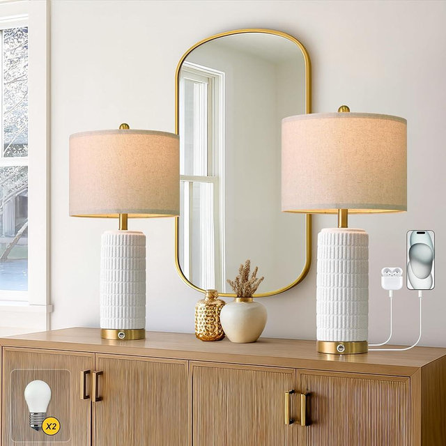 PoKat Stone-Like Ceramic Table Lamps with USB Ports for Bedroom, 25'' Matte-White Dimmable Nightstand Touch Lamps for Night Stands with Gold Base, Farmhouse Lamps for Living Room End Side Table