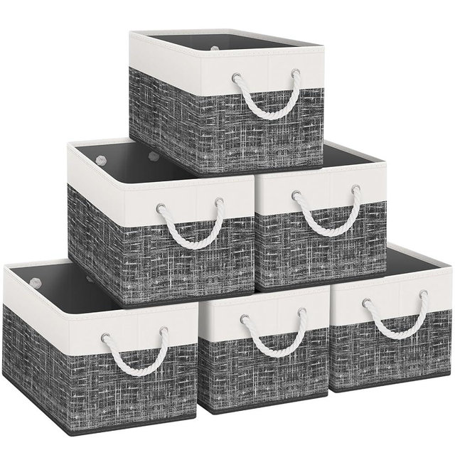 Fab totes Storage Bins [6-Pack], Foldable Storage Baskets for Organizing Toys, Books, Shelves, Closet, Large Storage Box with Rope Handles, Sturdy Organizer Bins, White & Black