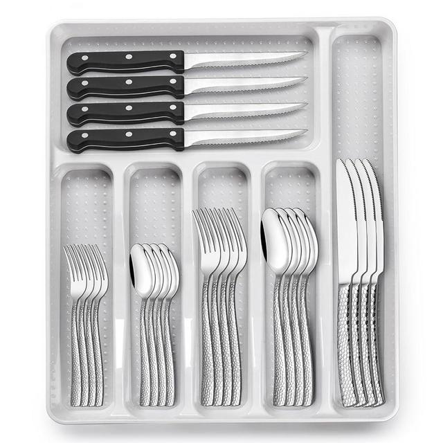 49-Piece Hammered Silverware Set with Organizer, Heavy Duty Stainless Steel Wave Flatware for 8, Cutlery Utensil Sets with Steak Knives, Rust-proof, Mirror Polished, Dishwasher Safe