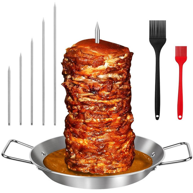 Al Pastor Skewer for Grill, Extra Large 13 Inch Gyro Pan with Fat Separator, Brazilian Spit Stand with 5 Spikes & 2 Brushes, Stainless Steel Vertical Sticks for Shawarma, Chicken on Smoker Oven