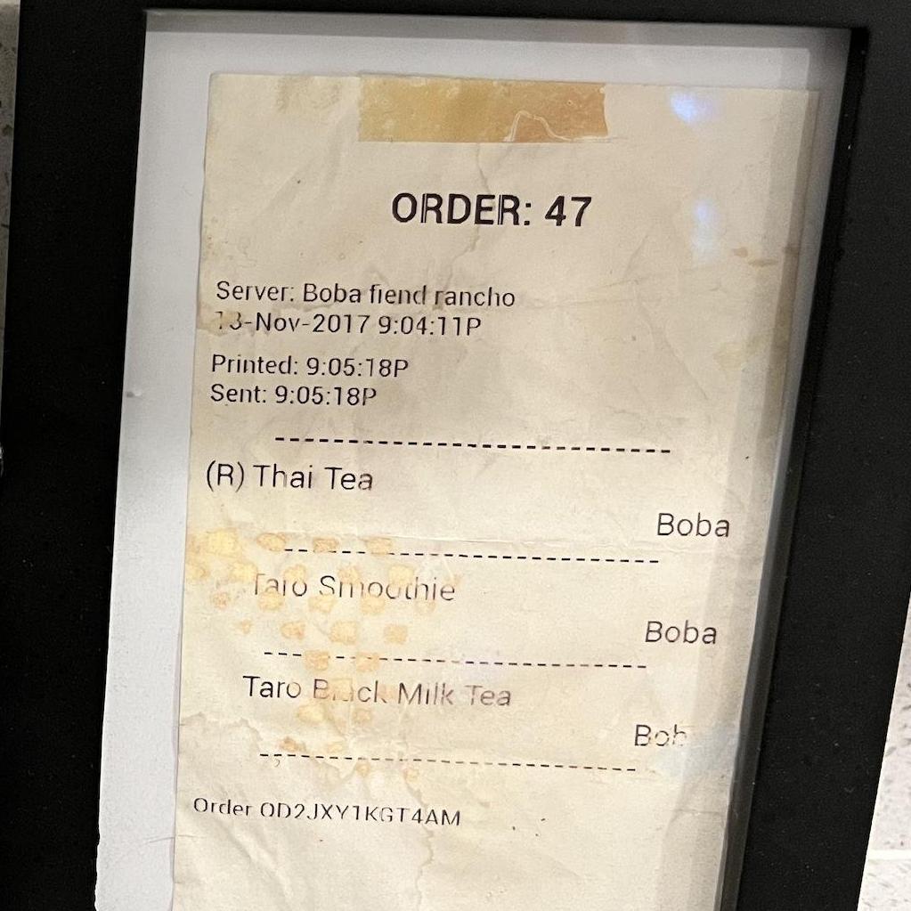 Chuffy saved the receipt from the night he asked Natali to be his girlfriend. The receipt is framed in our kitchen!