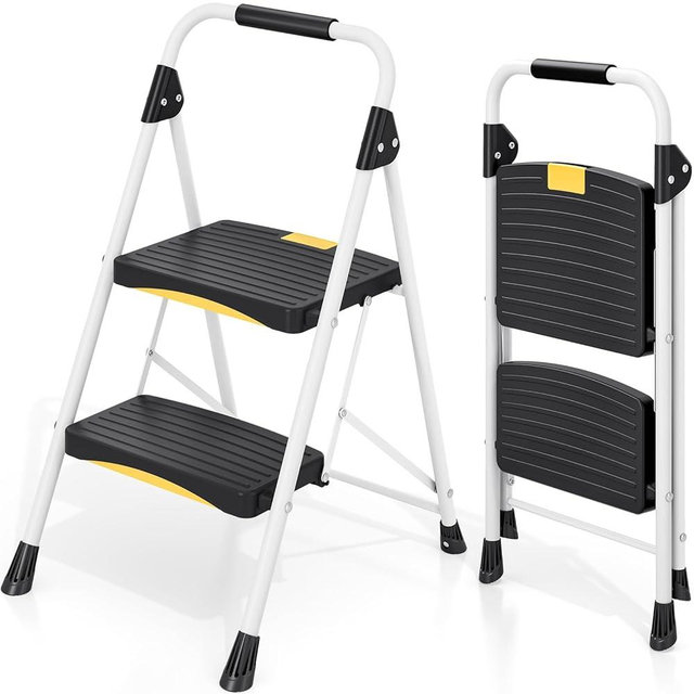 Urackify 2 Step Ladder, Folding Steel Step Stool with Safety Lock, Anti-Slip Wide Pedals, Pass 800lbs Load Testing, Handrail, Heavy Duty Portable Ladder for Multi-Purpose, Indoor, Office, Kitchen