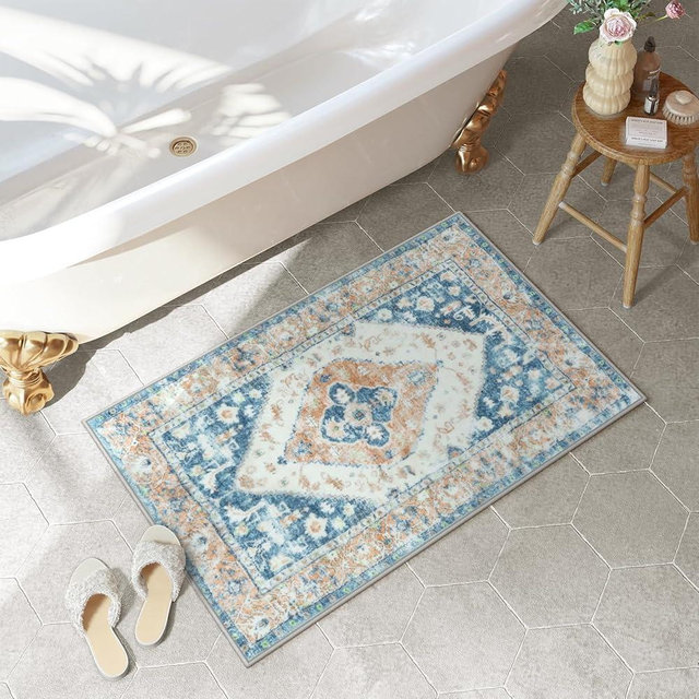 Uphome Boho Bathroom Rugs Blue Oriental Bathroom Mat Ultra Soft Non-Slip Farmhouse Bath Mat Machine Washable Distressed Tribal Shower Rug for Sink Tub Door Mat, 20x32 inch