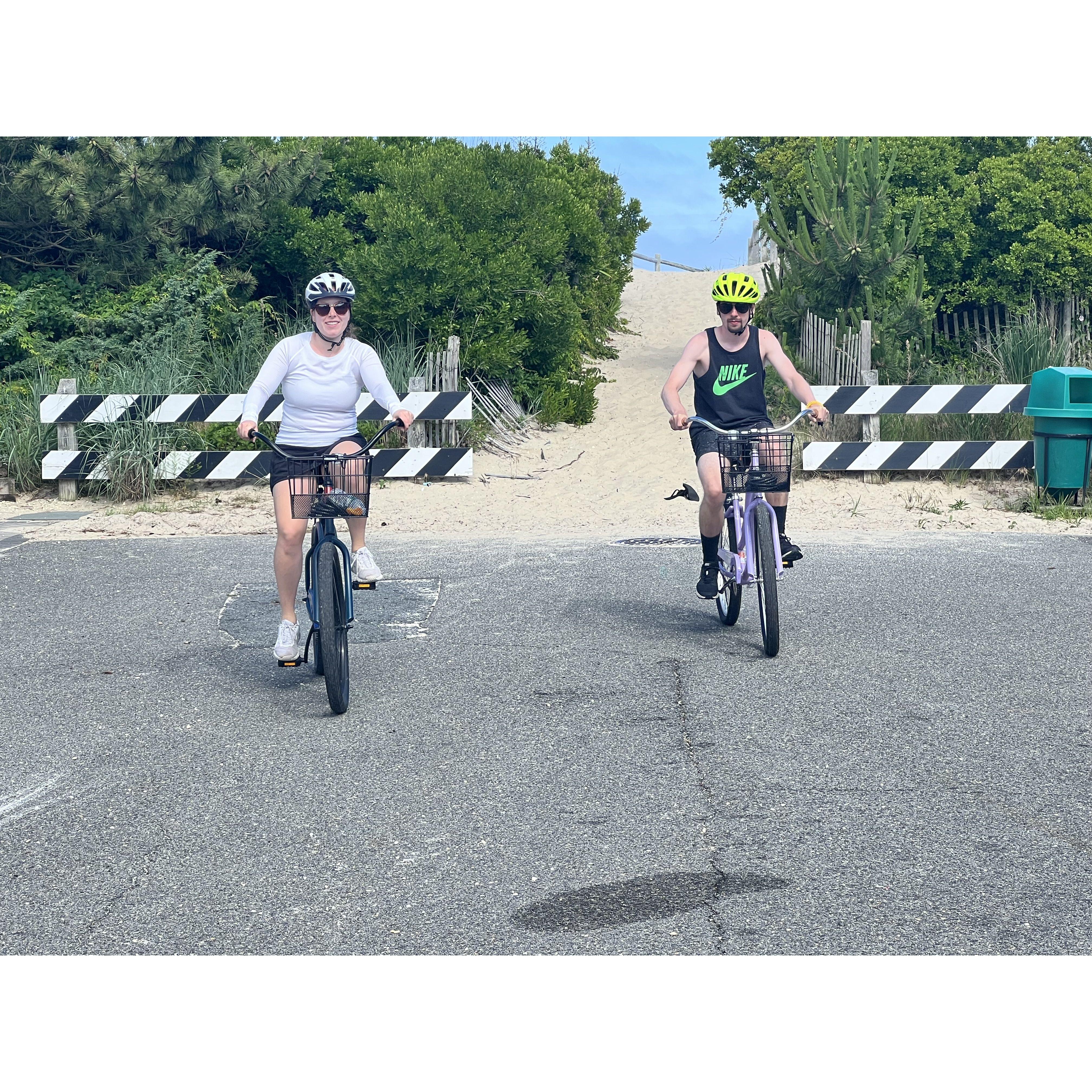 Olivia and Vince about to embark on a bike ride in Harvey Cedars in New Jersey in 2022.