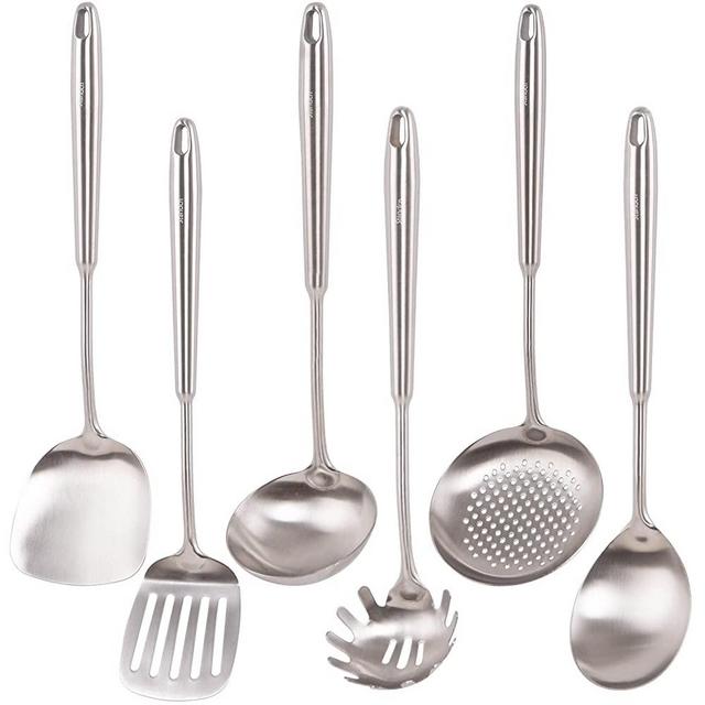 304 Stainless Steel Kitchen Utensils Set, Standcn 6 Pcs Professional Cooking Tools with Solid Spoon, Wok Spatula, Slotted Spatula, Soup Ladle, Slotted Spoon Skimmer, Pasta Spoon, Spaghetti Server