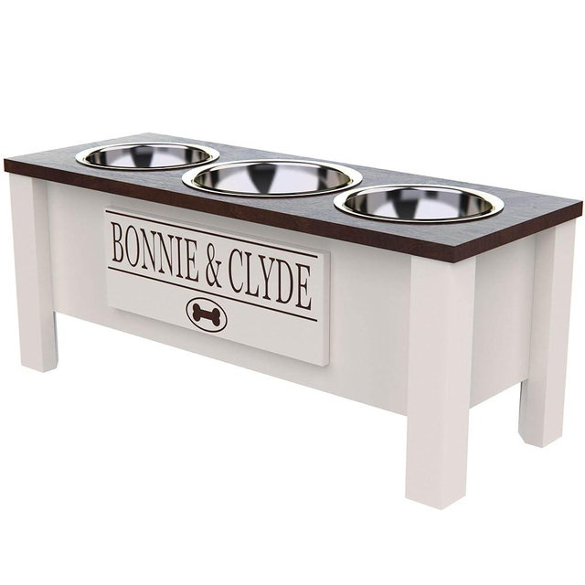 GrooveThis Woodshop - Personalized Elevated Triple Dog Bowl Stand for Large, Medium, Small, X-Small Dogs - 3 Stainless Steel Food and Water Bowls - Raised Dog Dish with Internal Storage (Large, Brown)