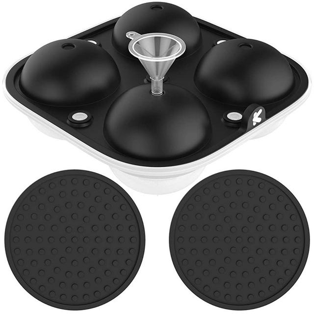 Kimex Sphere Ice Cube Maker Trays with 2 Drink Coasters – Ice Ball Mold for Whiskey, Bourbon – Funnel Included – 2.5 Inch Round Ice Cube Mold