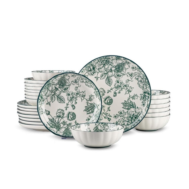 FANGJING 24-Piece Dinnerware Set Service 8, Porcelain Plates and Bowls Set, Vintage Green Rose Scalloped Edge, French Country Aesthetic, Microwave Dishwasher Safe
