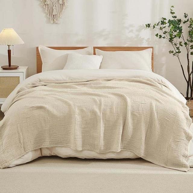 EMME Cotton Blanket King Size for Bed Soft Muslin Blankets 108"x90" Lightweight Breathable Layering Blanket Bedspread Coverlet All Season Gauze Blanket, Light Tan