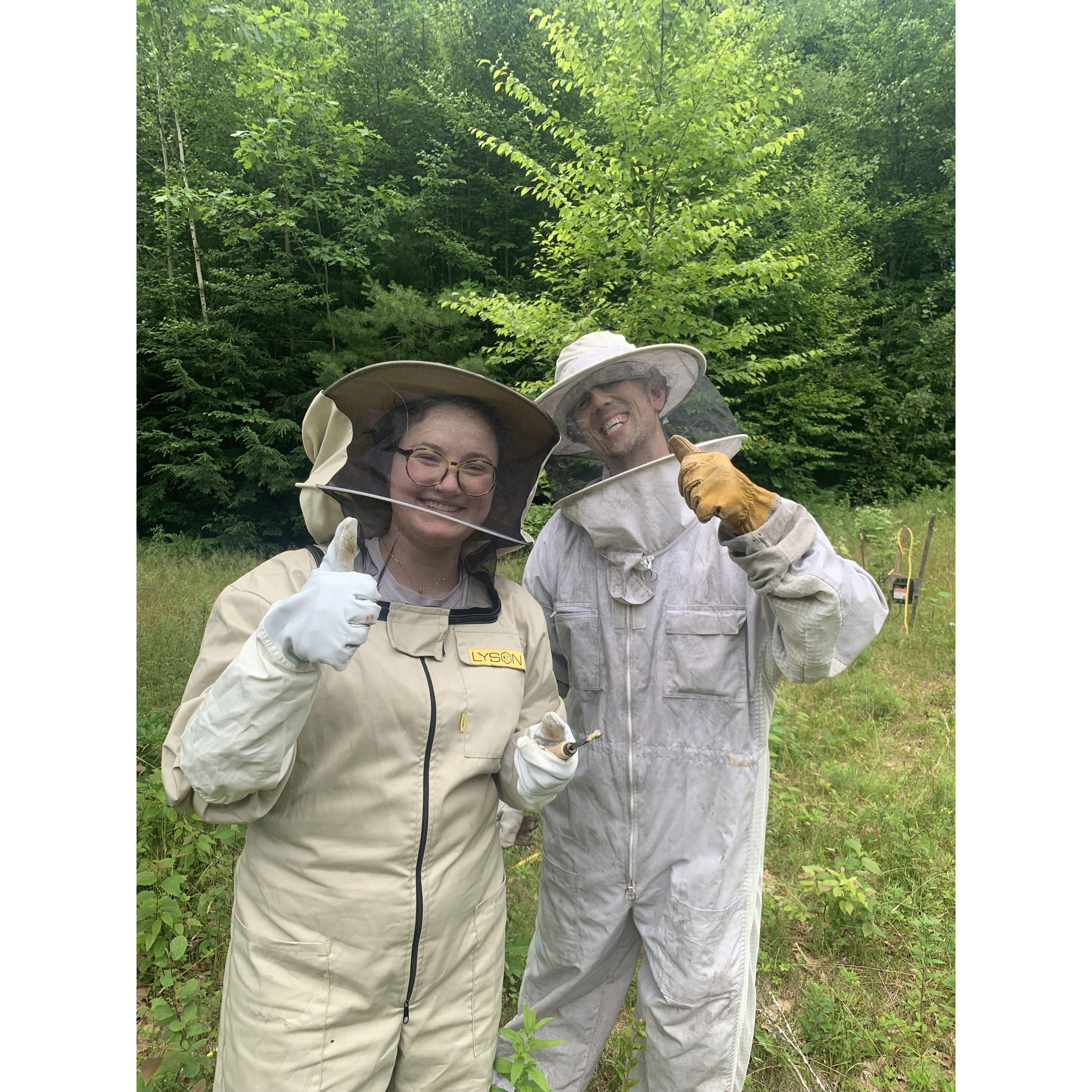 Pete and Emma's sister, Abby.  First time beekeeper - success!