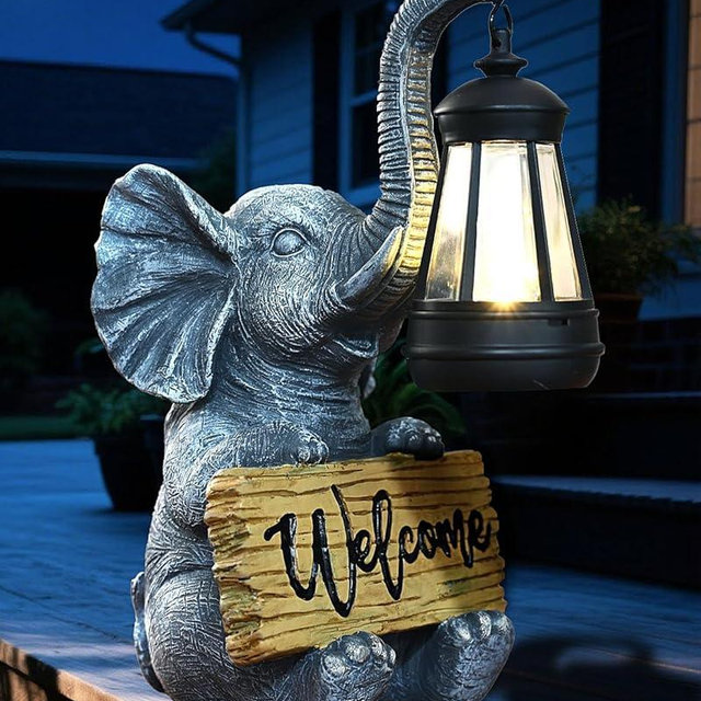 KVR Solar Elephant Garden Lights, Outdoor Welcome Statue Decor for Patio Yard, Birthday Gift for Women Mom Grandma (2025 New Gift Ready)​ (Black)