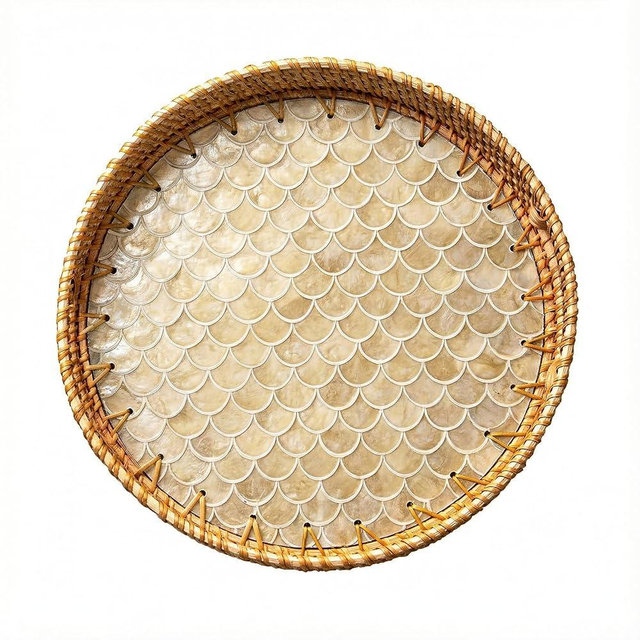 JUNGLE CULTURE Large Rattan Serving Tray 14" with Mother of Pearl Inlay •Coastal Boho Collection •Handcrafted Serving Tray with Handles •Round Woven Table Trays for Home •Wicker Basket – Cascade Light