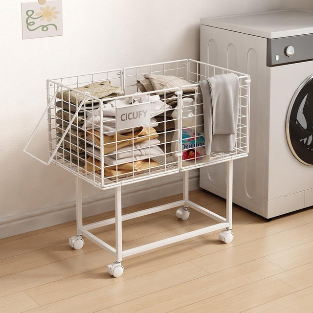 CICUFY Rolling Laundry Cart, 80L Wire Laundry Hamper Basket on Wheels, Dirty Clothes Basket with Handle, Metal Clothes Hamper Organizer for Laundry Room, Bathroom, Bedroom, Dorm, White