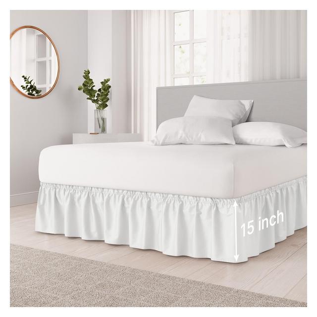 CGK Linens Ruffled Elastic Wrap Around Bedskirt 15 Inch Drop in White, Size Queen