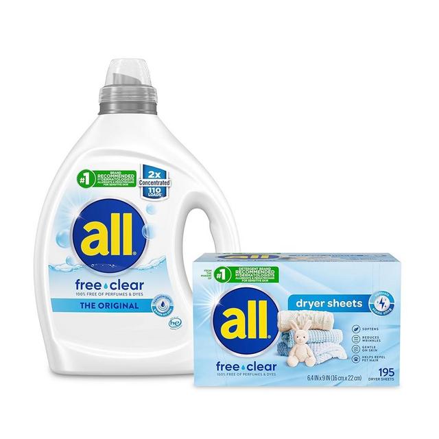 Bundle of all Liquid Laundry Detergent, Free Clear for Sensitive Skin, Unscented and Hypoallergenic, 2X Concentrated, 110 Loads + all Fabric Softener Dryer Sheets for Sensitive Skin, Free Clear, 195ct