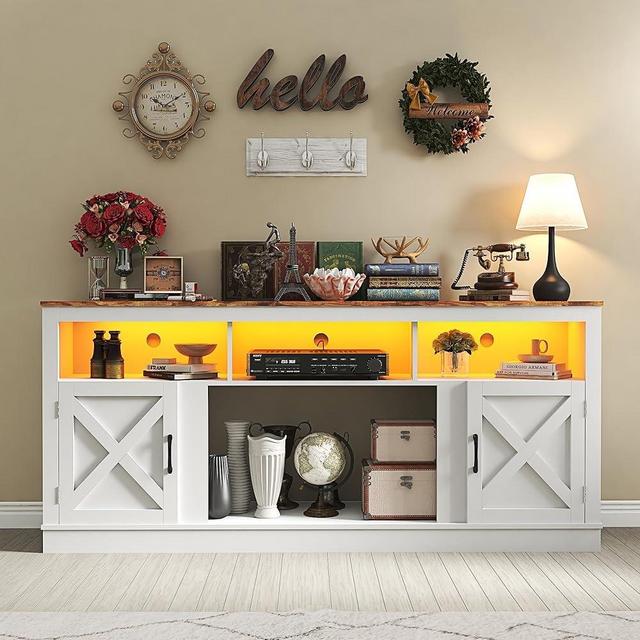 jiteentarou Farmhouse TV Stand for 70/75/80 Inch TV, 32”Tall Entertainment Center w/LED Light, Large Media Console Cabinet w/Barn Doors Adjustable Shelves for Living Room, White