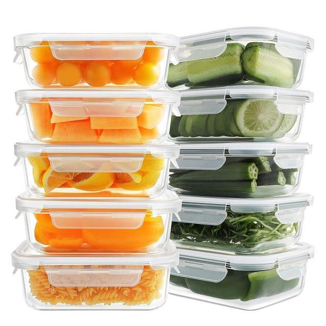 HOMBERKING 10 Pack Glass Meal Prep Containers, Glass Food Storage Containers with Lids, Airtight Glass Lunch Bento Boxes, BPA-Free & Leak Proof (10 lids & 10 Containers) - White