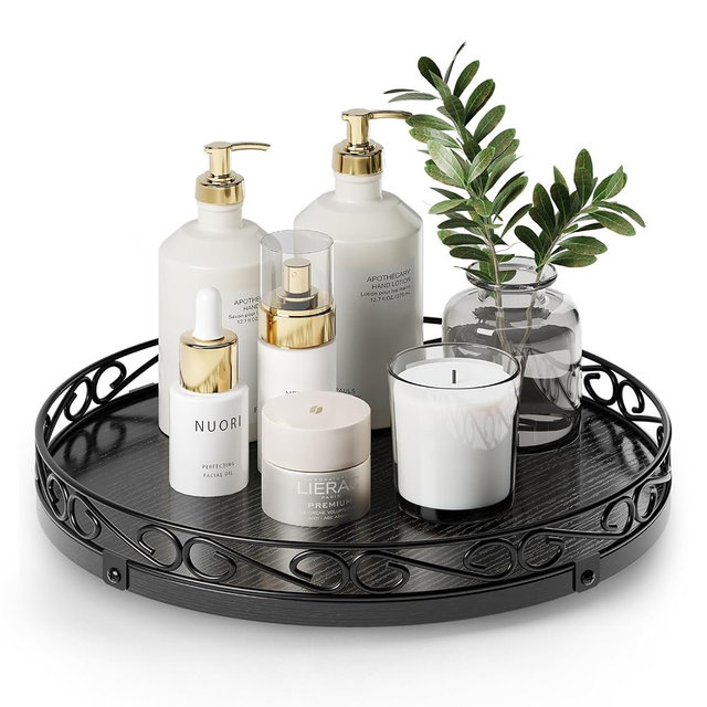 Yoobure 12" Lazy Susan Turntable for Cabinet - Farmhouse Wooden Round Tray for Table Top, 360° Rotating Lazy Susans Counter Organizer with Patterned Raised Edge for Kitchen Dining Table Decor, Black