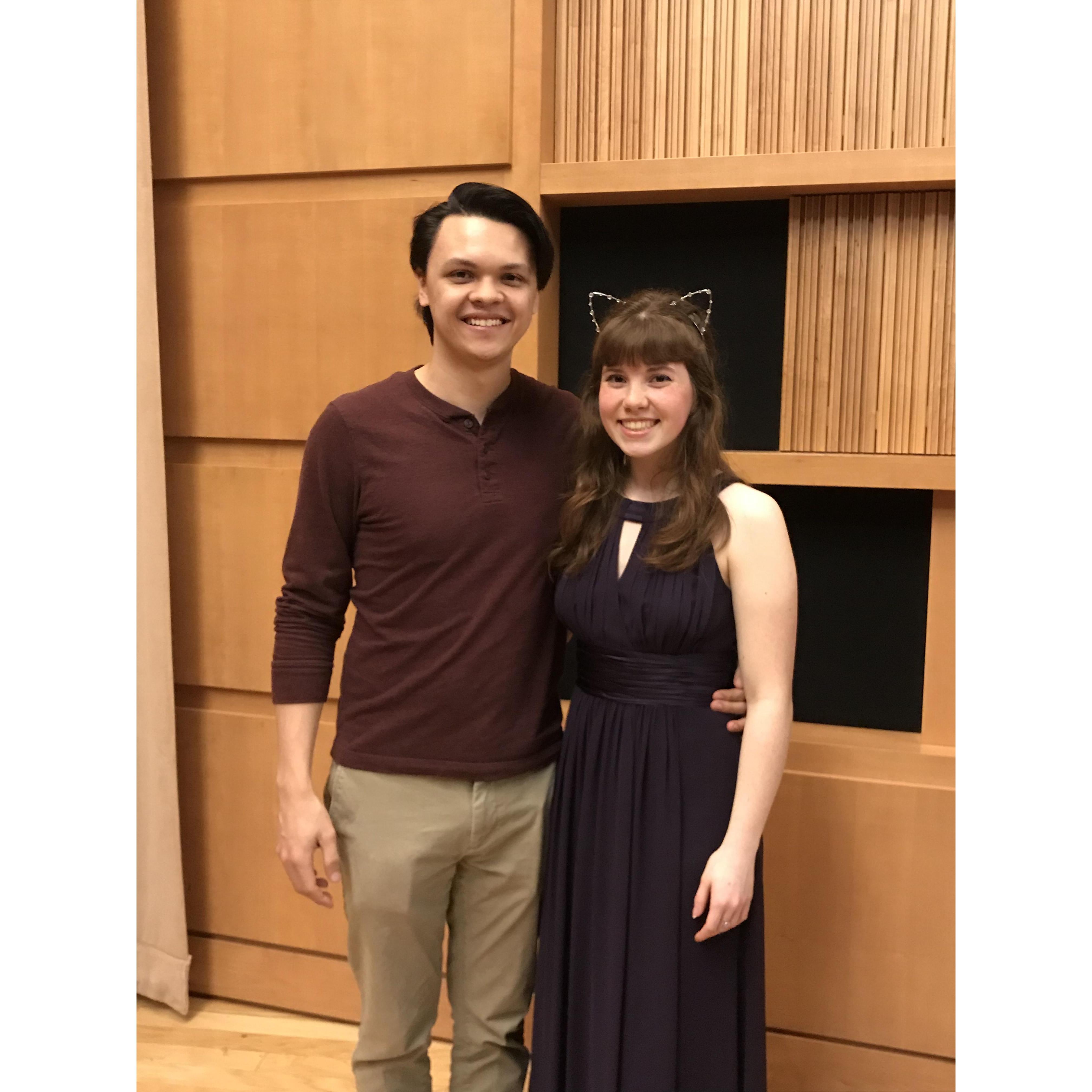 The orange background of the CAC from West Virginia University is behind a lot of our adventures from college! This picture was taken after Amy's junior recital in 2018.