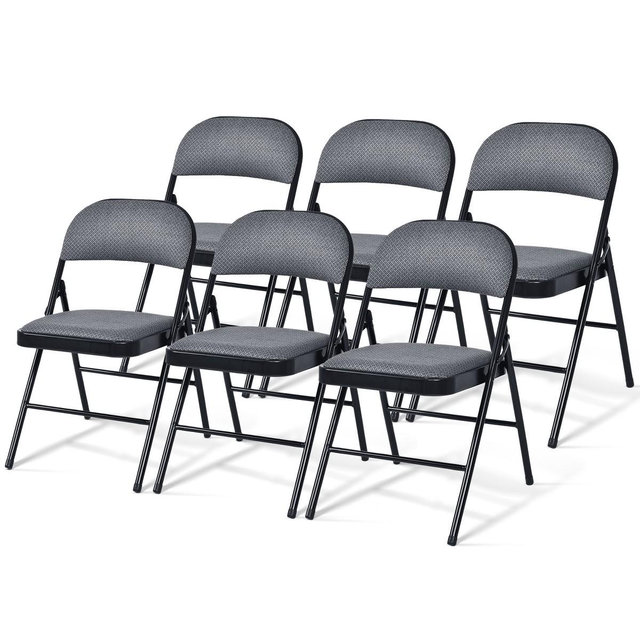 Costway 6 Pack Folding Chairs Fabric Dining Chair Set with Padded Seat & Metal Frame Upholstered Commercial Seat Gray