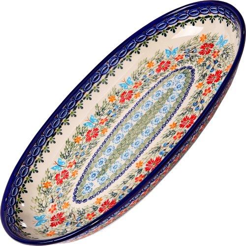 Polish Pottery Ceramika Boleslawiec Platter Karp Cups, Royal Blue Patterns with Red Cornflower and Blue Butterflies Motif, 14-1/8-Inch by 8-7/8-Inch