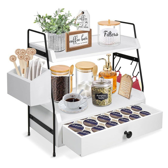Coffee Bar Accessories and Organizer Countertop, Coffee Station Organizer Kitchen Counter Shelf Organizer,Coffee Condiment Storage,Cup Lid Holder Countertop Shelf for Bathroom,Kitchen (White 2)
